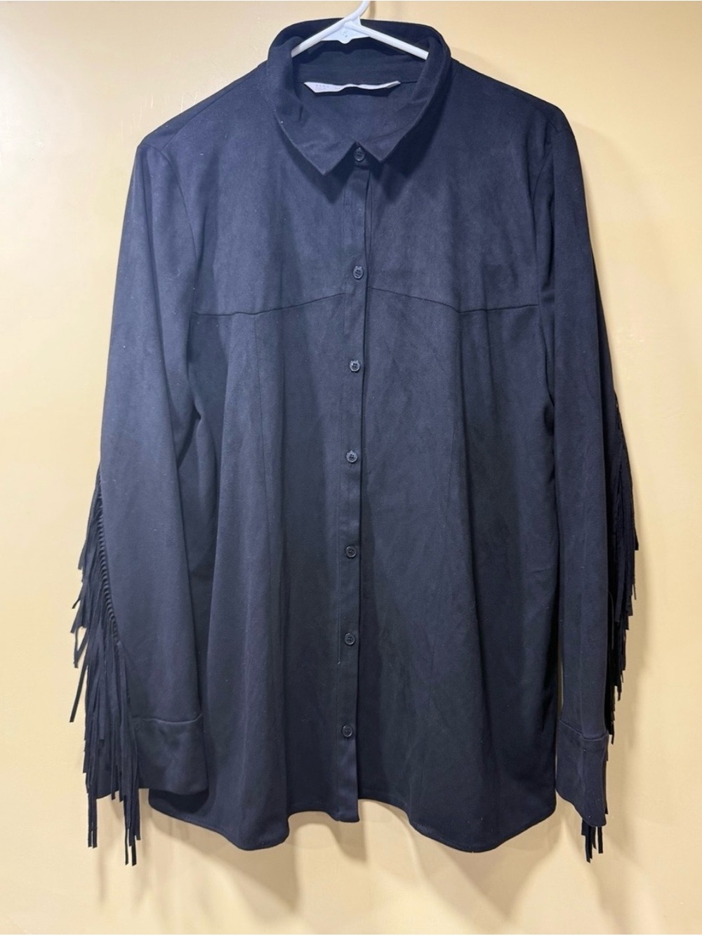 Zara Black Blouse with Fringe Sleeve Detail